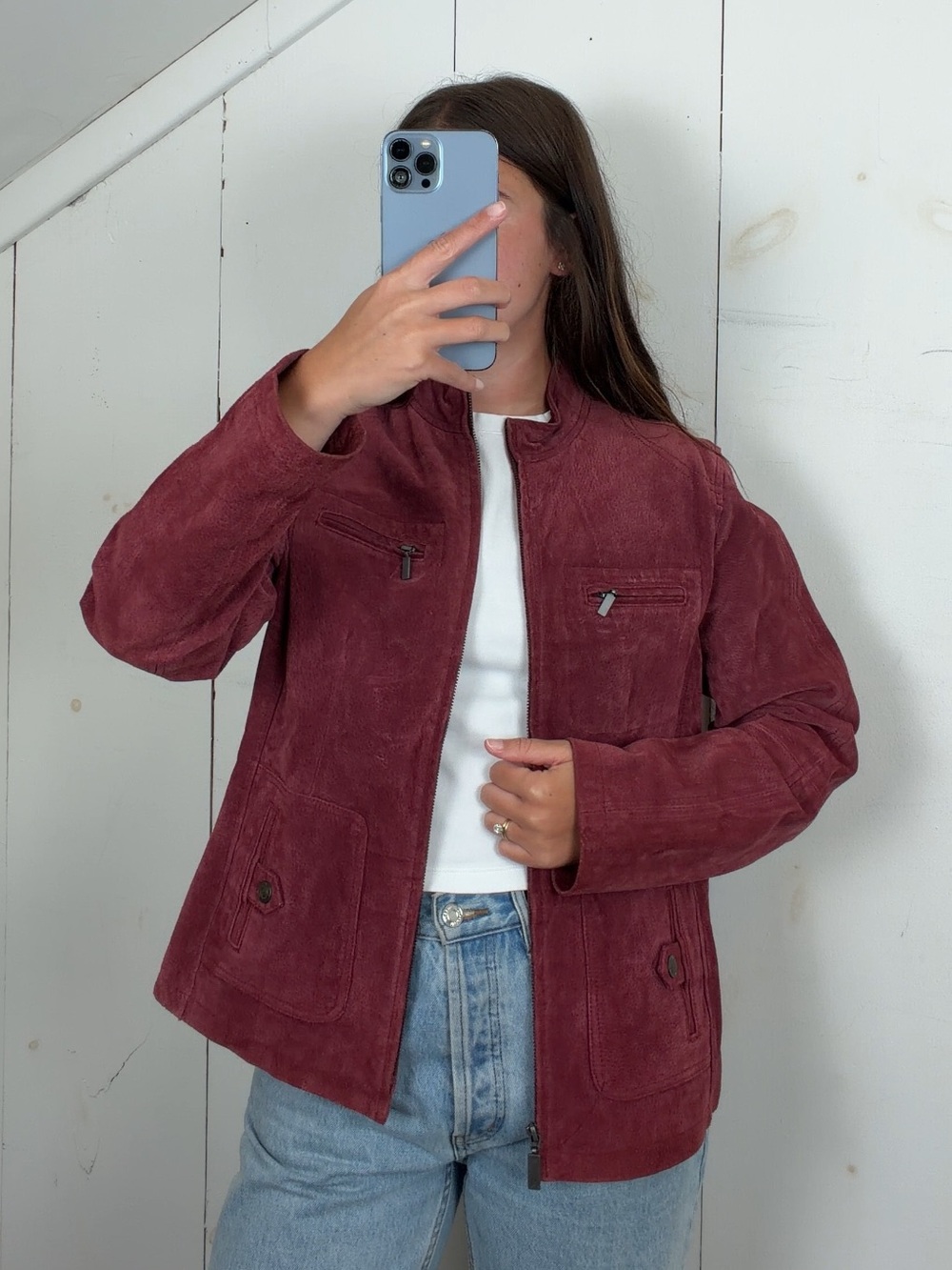 Vintage Burgundy Maroon Suede Leather Full Zip Jacket Women’s L Stand Collar Y2K